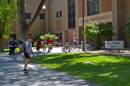 students leaving class from Porter Hall